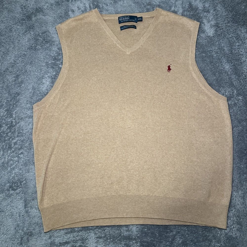Polo By Ralph Lauren 100% Pima Cotton Sweater Vest Tan Mens SZ  XXL Red Pony